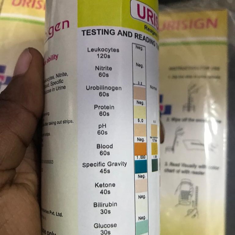 Urisign 10p (Nitrate, Ph, Blood, Glucose, Bilirubin,
Urobilinogen, Ketone, Leucocytes, Protein)